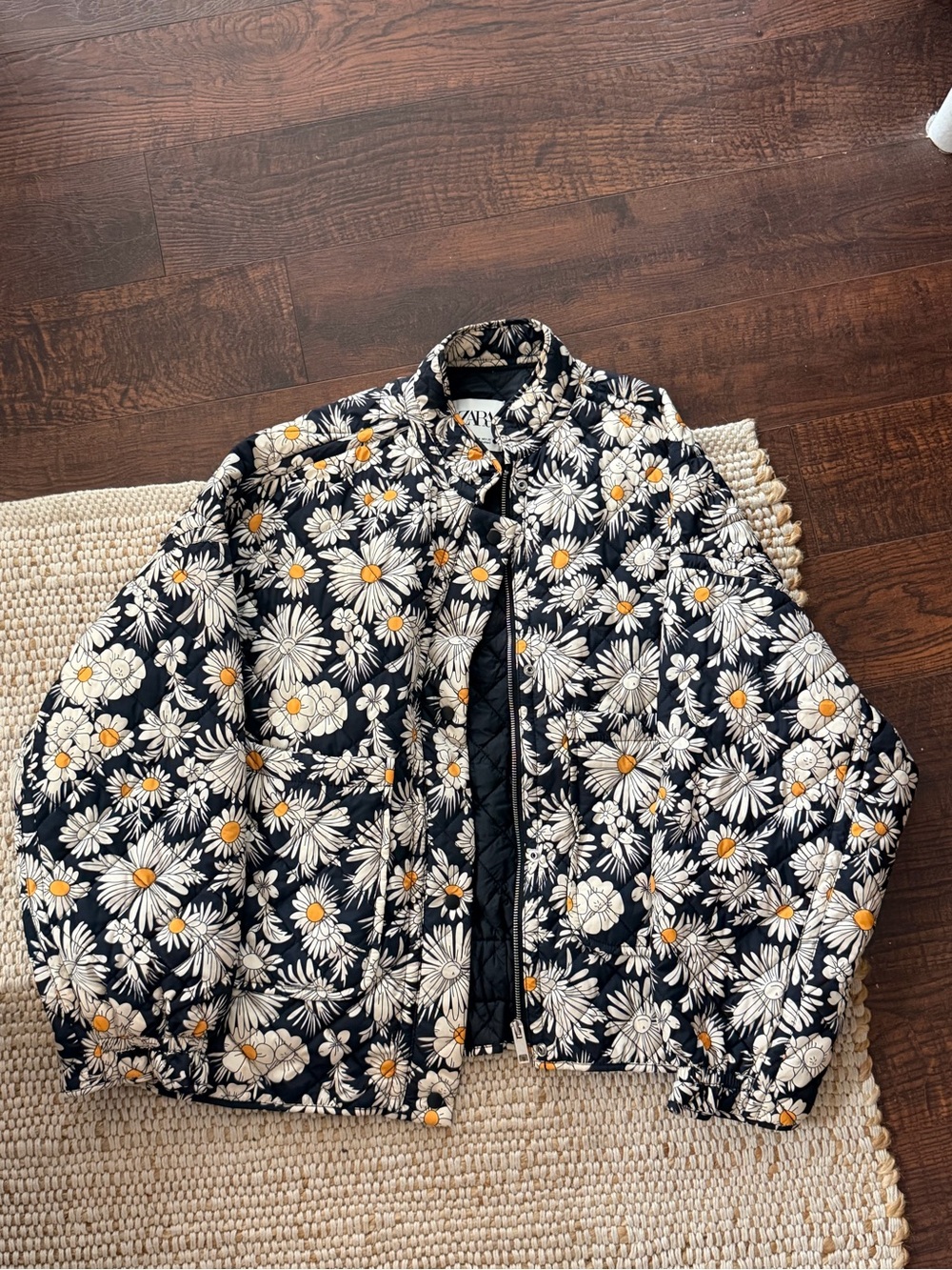 Zara Black Quilted Puffer Jacket with White & Yellow Daisy Print